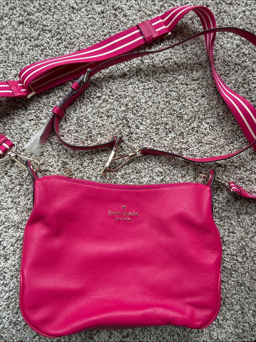 kate spade Fuchsia Pebbled Leather Crossbody with Striped Strap